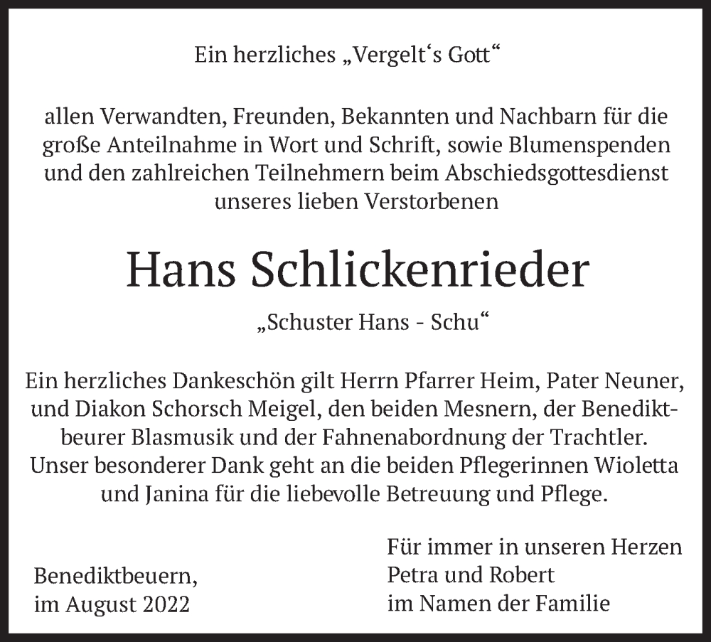 Traueranzeige für Hans Schlickenrieder vom 03.08.2022 aus merkurtz