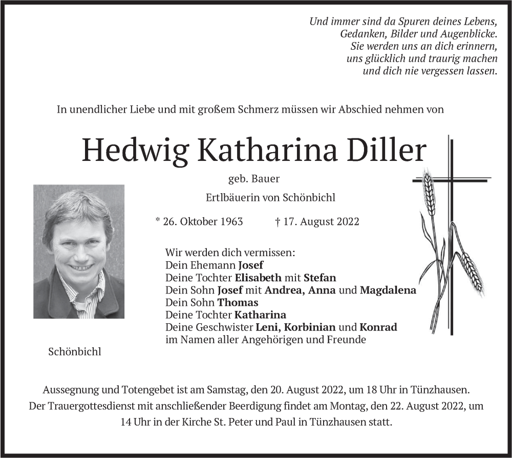  Traueranzeige für Hedwig Katharina Diller vom 20.08.2022 aus merkurtz