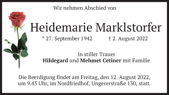 Traueranzeige von Heidemarie Marklstorfer von merkurtz