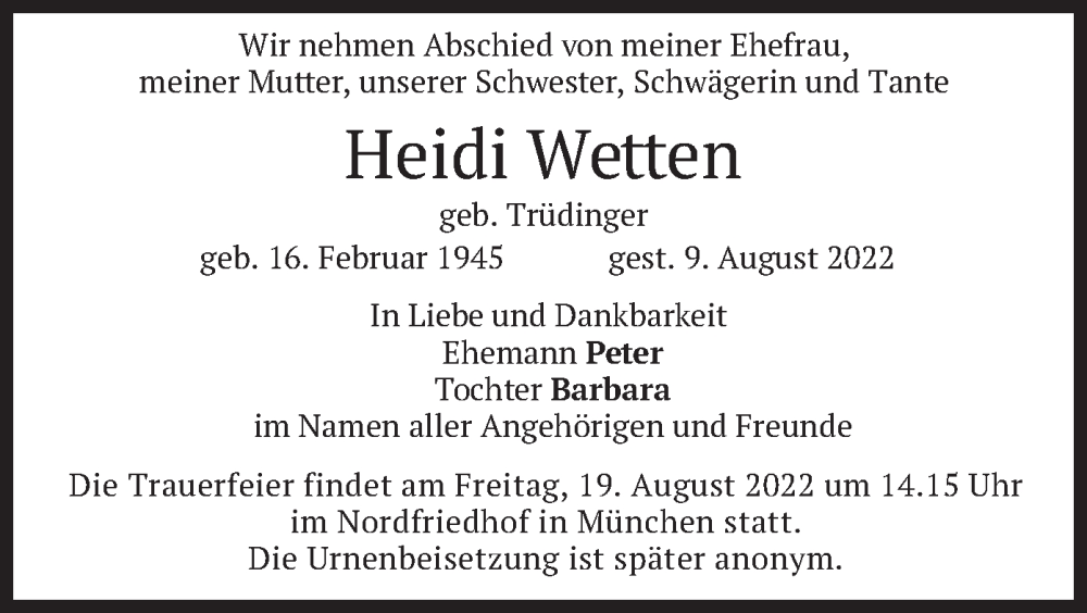  Traueranzeige für Heidi Wetten vom 18.08.2022 aus merkurtz