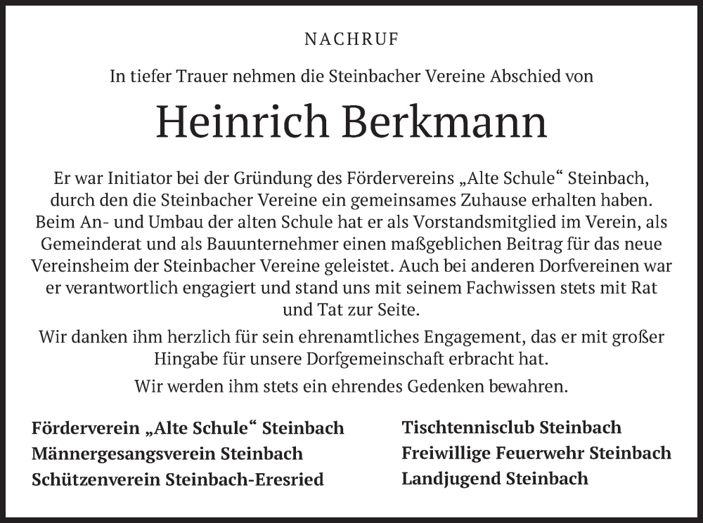  Traueranzeige für Heinrich Berkmann vom 19.08.2022 aus merkurtz