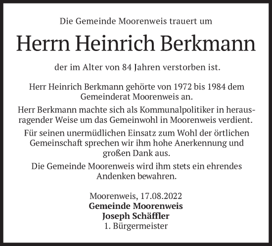 Traueranzeige von Heinrich Berkmann von merkurtz