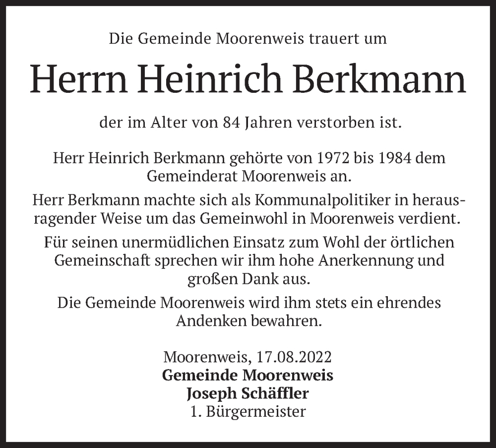  Traueranzeige für Heinrich Berkmann vom 18.08.2022 aus merkurtz