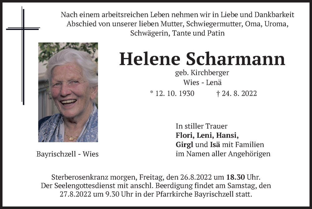  Traueranzeige für Helene Scharmann vom 25.08.2022 aus merkurtz