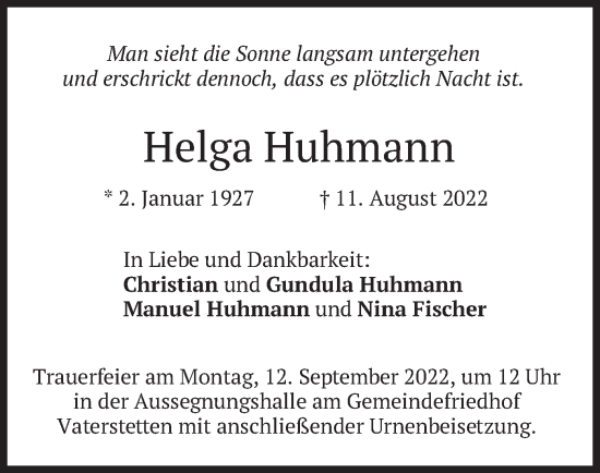 Traueranzeige von Helga Huhmann von merkurtz