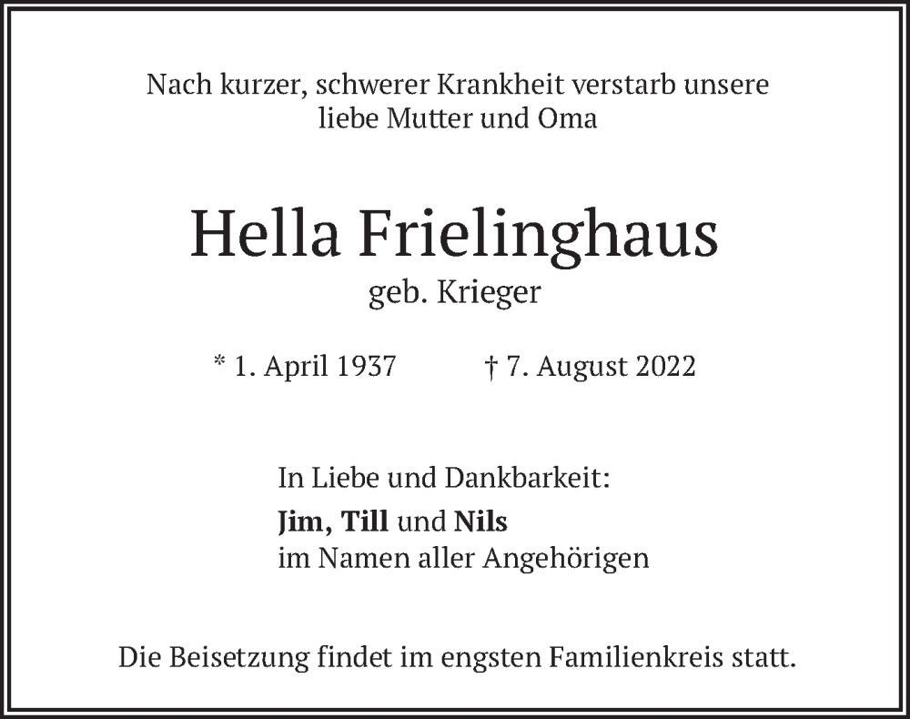  Traueranzeige für Hella Frielinghaus vom 13.08.2022 aus merkurtz