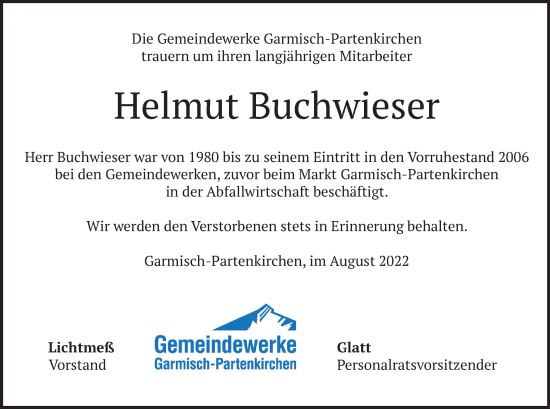 Traueranzeige von Helmut Buchwieser von merkurtz