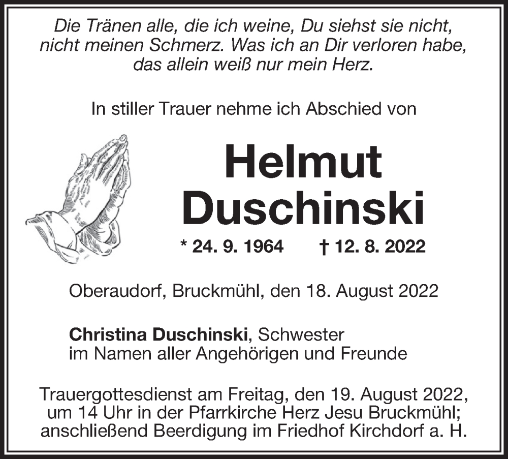  Traueranzeige für Helmut Duschinski vom 18.08.2022 aus merkurtz