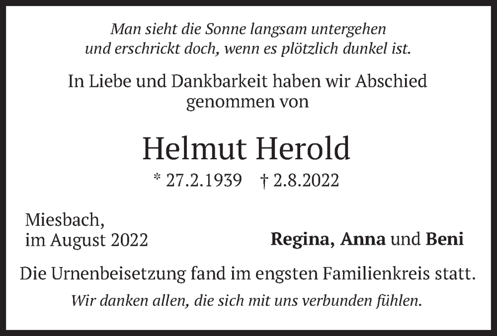  Traueranzeige für Helmut Herold vom 19.08.2022 aus merkurtz
