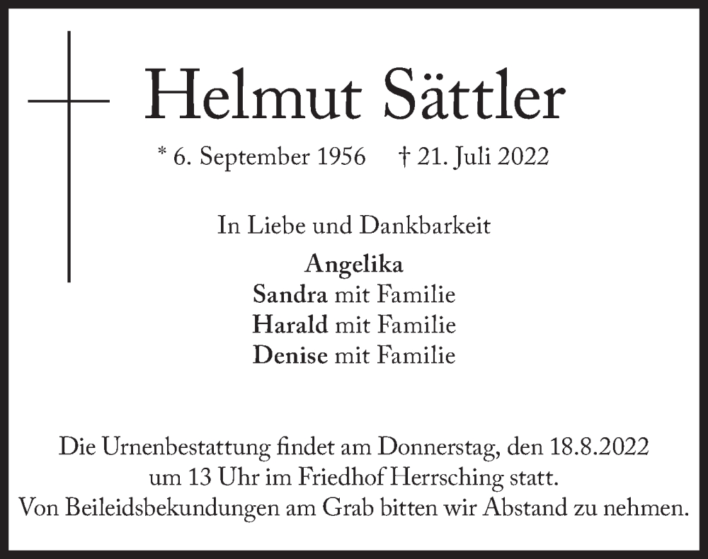  Traueranzeige für Helmut Sättler vom 13.08.2022 aus merkurtz