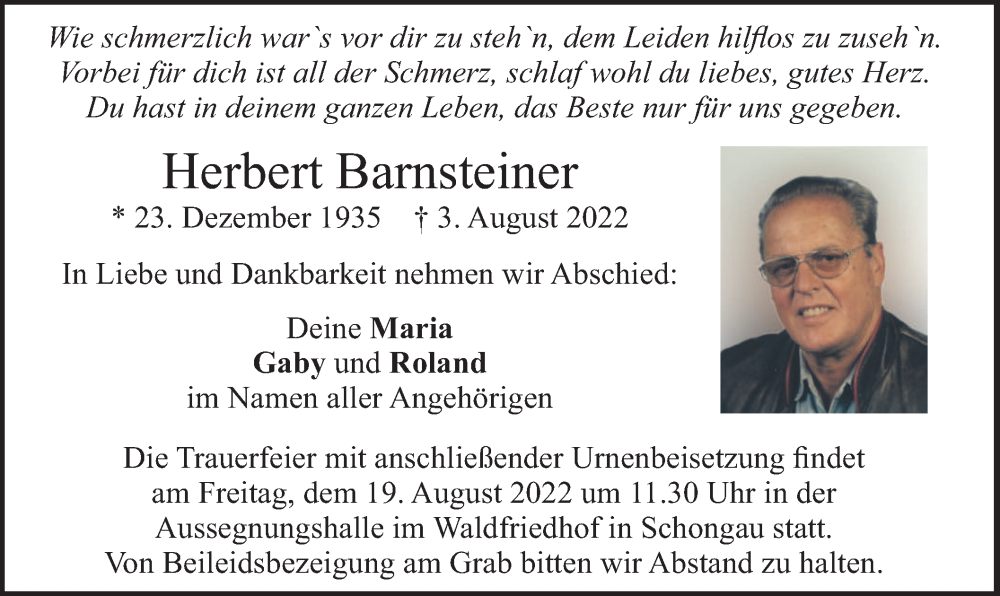  Traueranzeige für Herbert Barnsteiner vom 13.08.2022 aus merkurtz