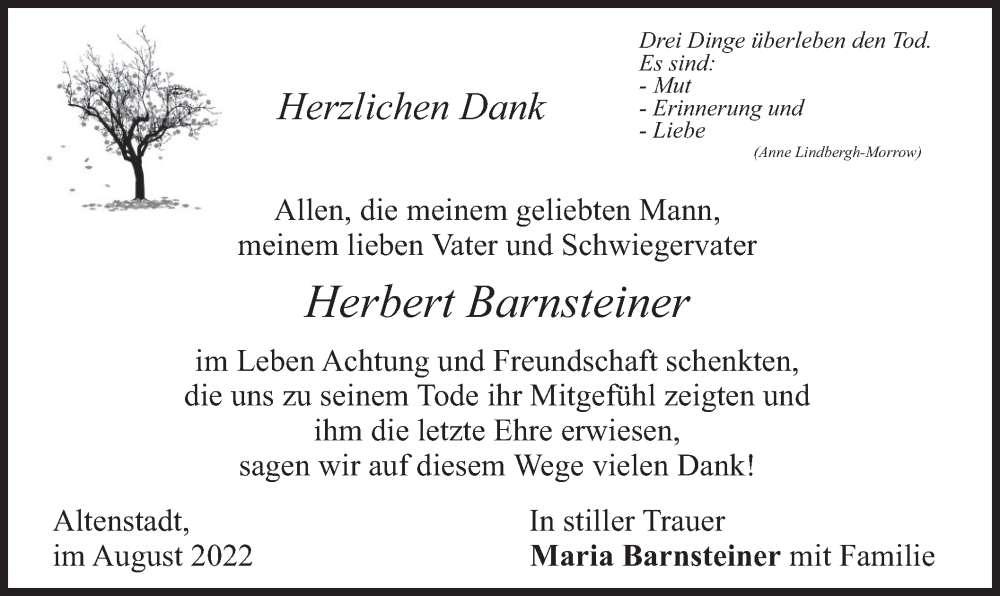  Traueranzeige für Herbert Barnsteiner vom 27.08.2022 aus merkurtz