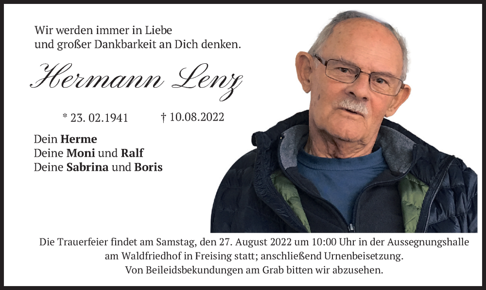 Traueranzeige für Hermann Lenz vom 24.08.2022 aus merkurtz