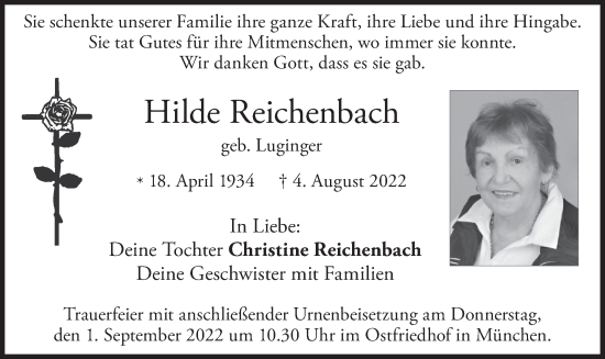 Traueranzeige von Hilde Reichenbach