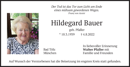 Traueranzeige von Hildegard Bauer von merkurtz