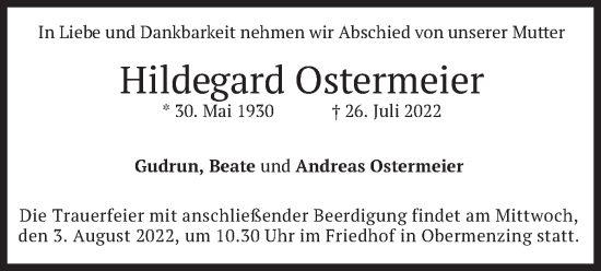 Traueranzeige von Hildegard Ostermeier von merkurtz