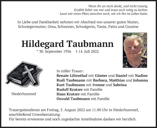 Traueranzeige von Hildegard Taubmann von merkurtz