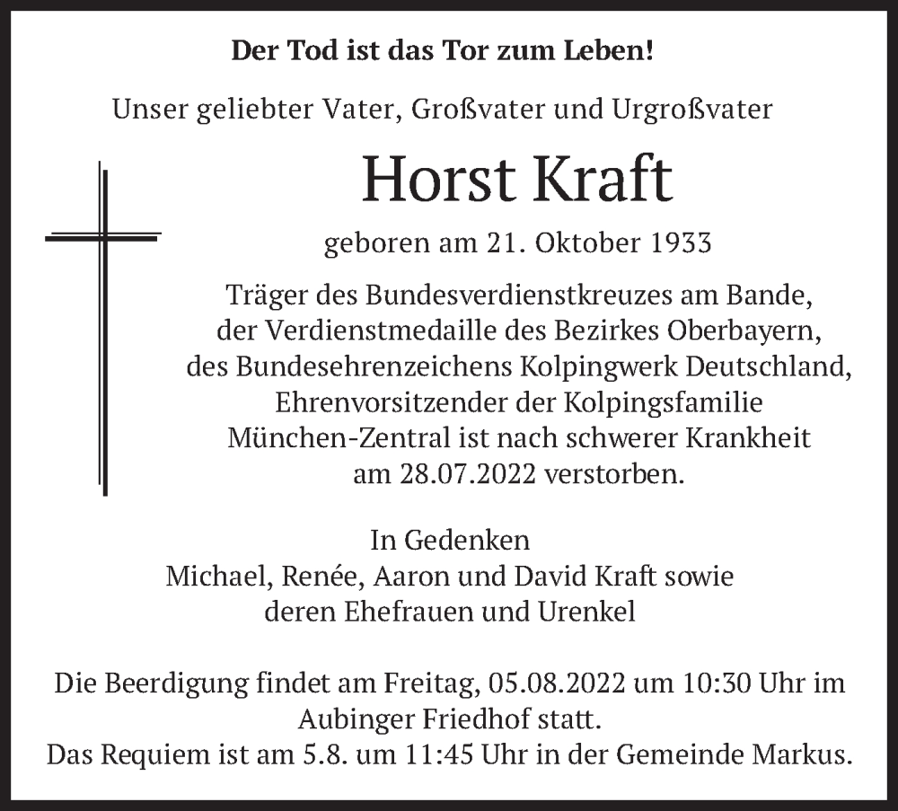  Traueranzeige für Horst Kraft vom 01.08.2022 aus merkurtz