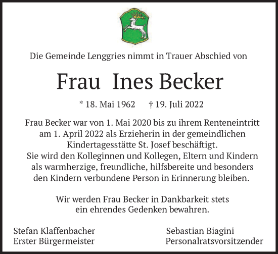 Traueranzeige von Ines Becker von merkurtz