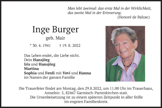 Traueranzeige von Inge Burger von merkurtz