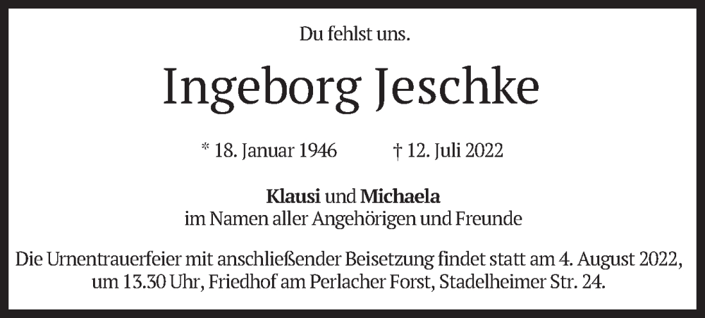  Traueranzeige für Ingeborg Jeschke vom 30.07.2022 aus merkurtz