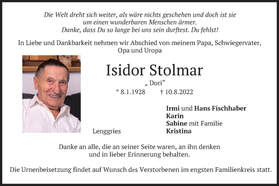 Traueranzeige von Isidor Stolmar von merkurtz