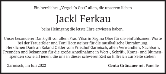 Traueranzeige von Jackl Ferkau von merkurtz