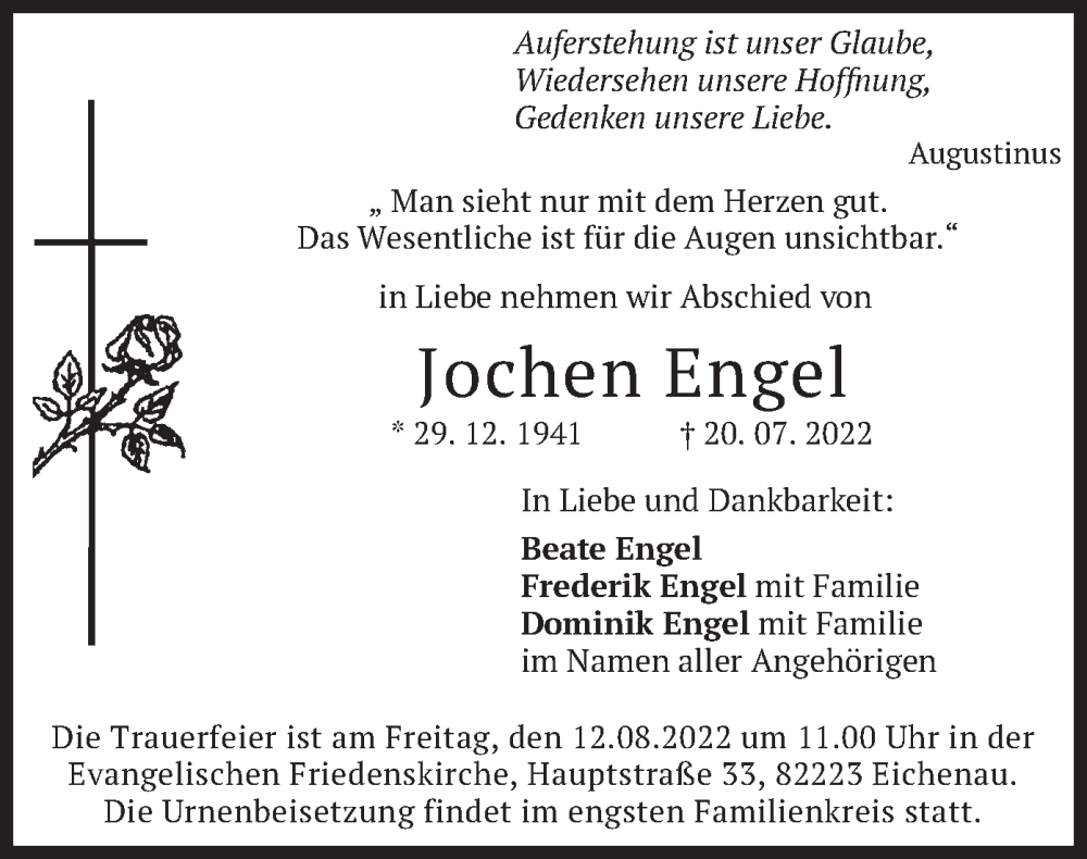  Traueranzeige für Jochen Engel vom 06.08.2022 aus merkurtz