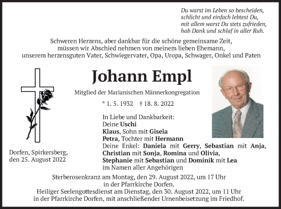 Traueranzeige von Johann Empl von merkurtz