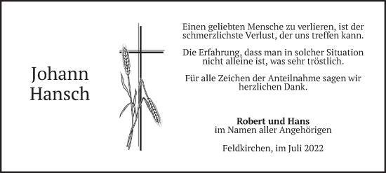 Traueranzeige von Johann Hansch von merkurtz