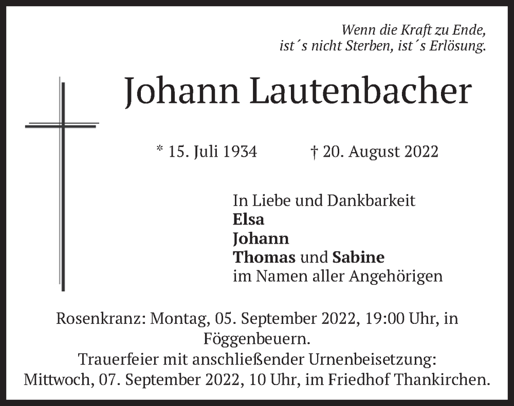  Traueranzeige für Johann Lautenbacher vom 27.08.2022 aus merkurtz
