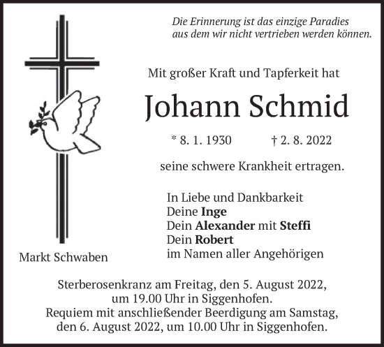 Traueranzeige von Johann Schmid von merkurtz