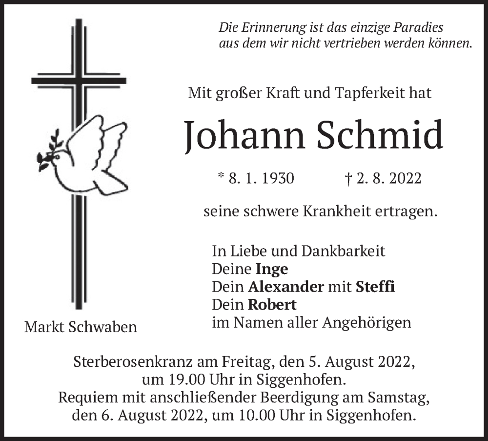  Traueranzeige für Johann Schmid vom 04.08.2022 aus merkurtz