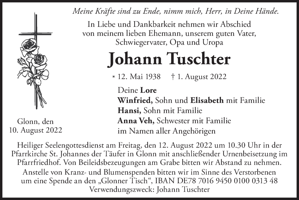  Traueranzeige für Johann Tuschter vom 10.08.2022 aus merkurtz