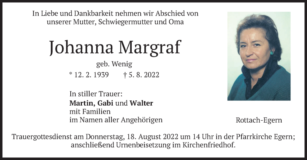  Traueranzeige für Johanna Margraf vom 13.08.2022 aus merkurtz