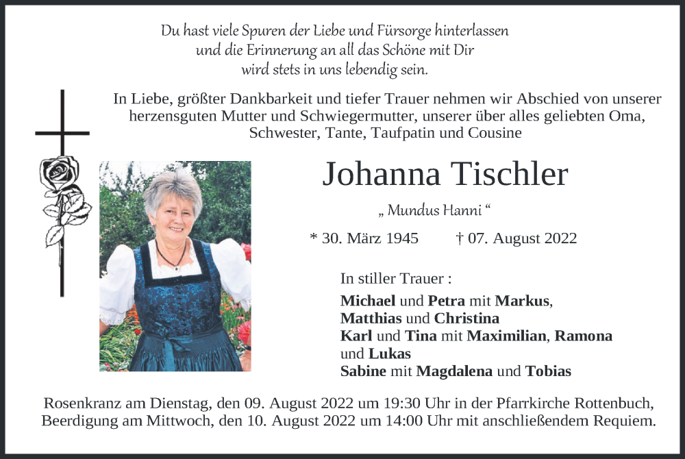  Traueranzeige für Johanna Tischler vom 08.08.2022 aus merkurtz