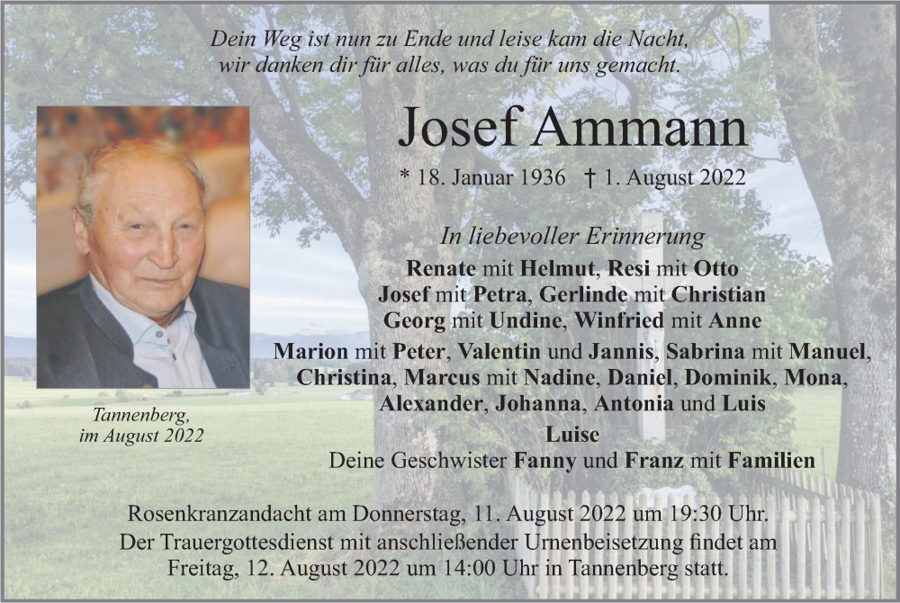  Traueranzeige für Josef Ammann vom 09.08.2022 aus merkurtz