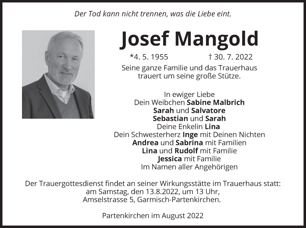  Traueranzeige für Josef Mangold vom 06.08.2022 aus merkurtz