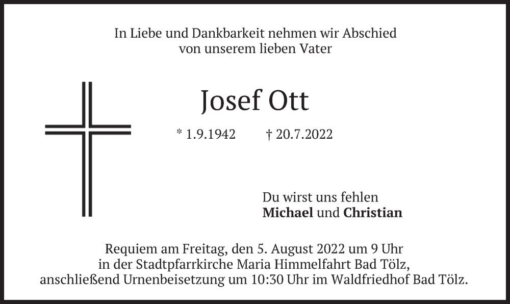  Traueranzeige für Josef Ott vom 30.07.2022 aus merkurtz