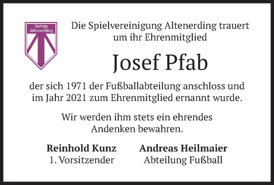 Traueranzeige von Josef Pfab von merkurtz