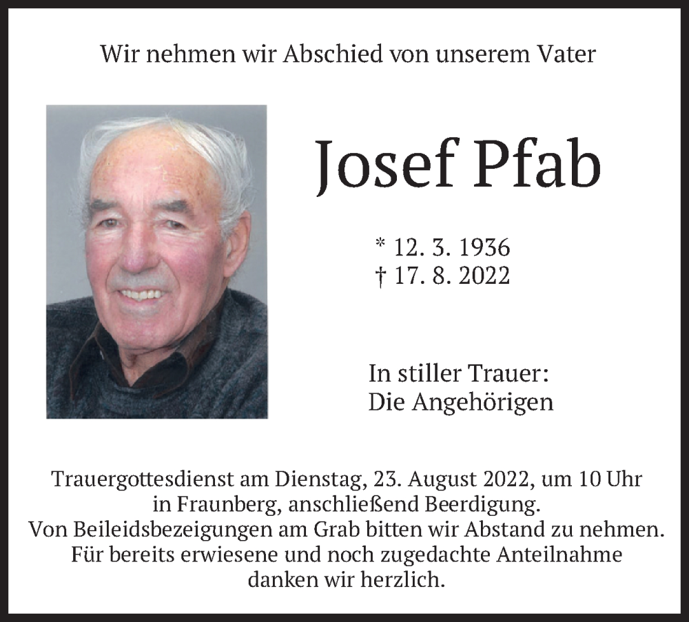  Traueranzeige für Josef Pfab vom 20.08.2022 aus merkurtz