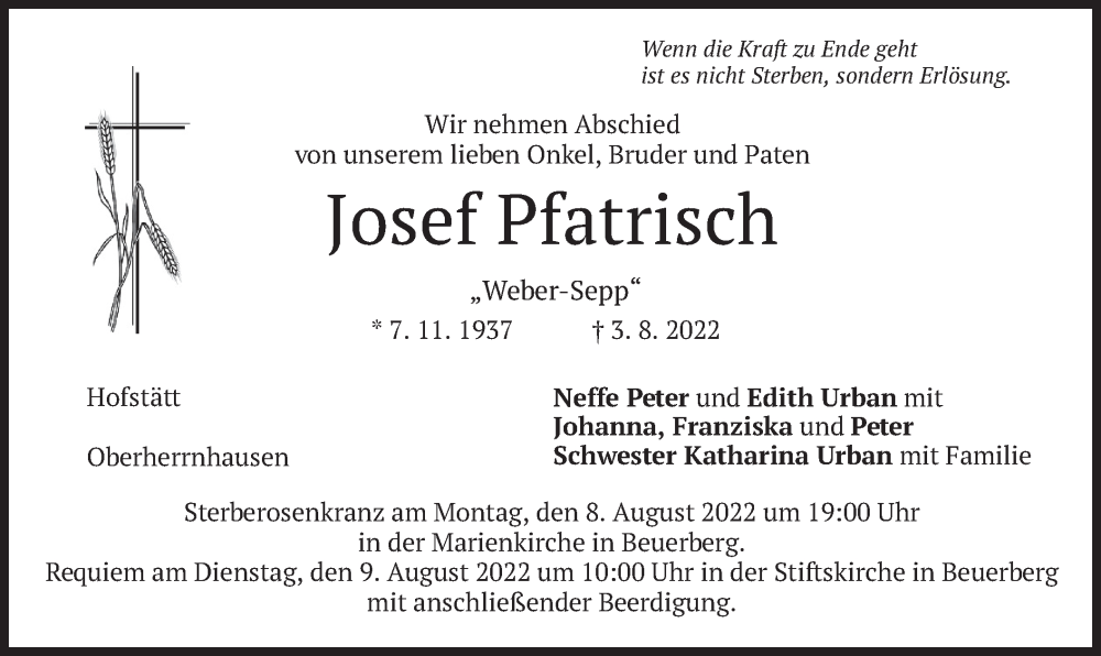  Traueranzeige für Josef Pfatrisch vom 06.08.2022 aus merkurtz