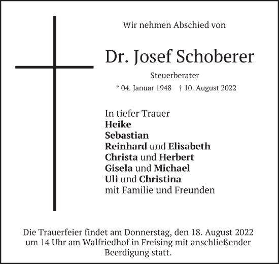 Traueranzeige von Josef Schoberer von merkurtz