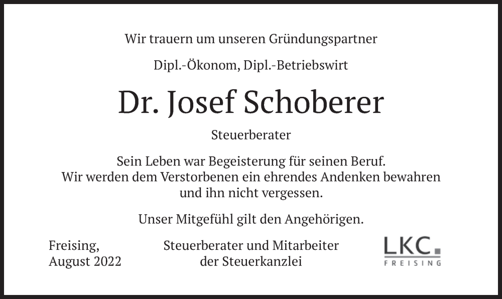  Traueranzeige für Josef Schoberer vom 13.08.2022 aus merkurtz
