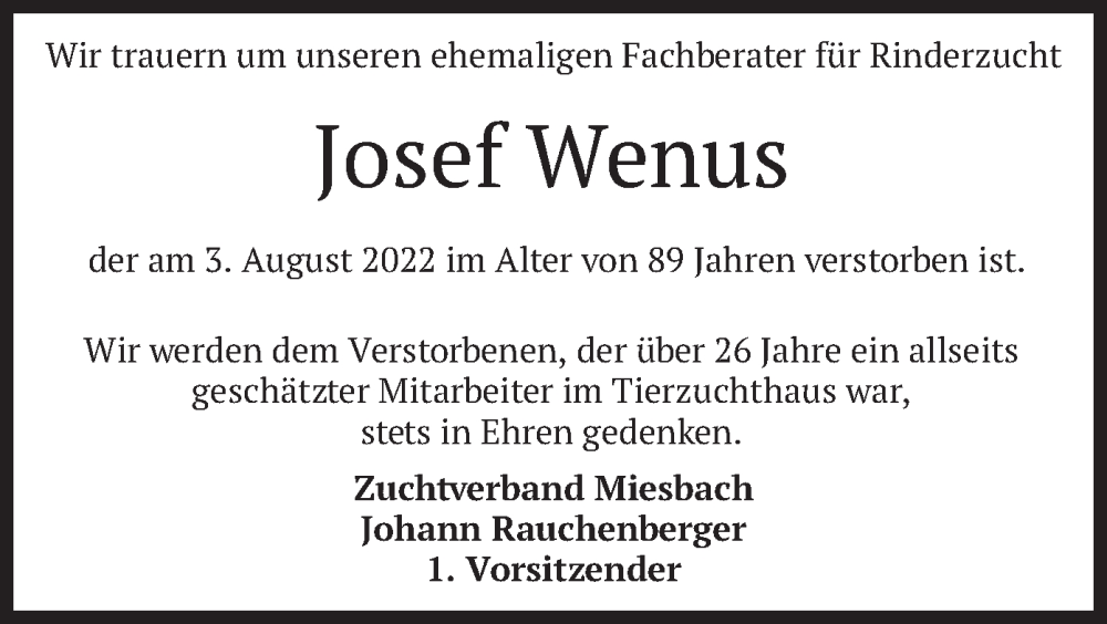  Traueranzeige für Josef Wenus vom 09.08.2022 aus merkurtz