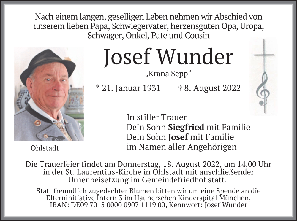  Traueranzeige für Josef Wunder vom 13.08.2022 aus merkurtz