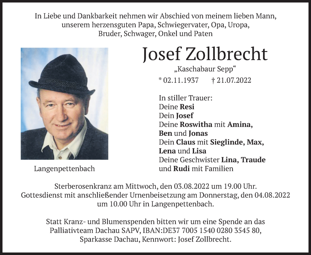  Traueranzeige für Josef Zollbrecht vom 01.08.2022 aus merkurtz