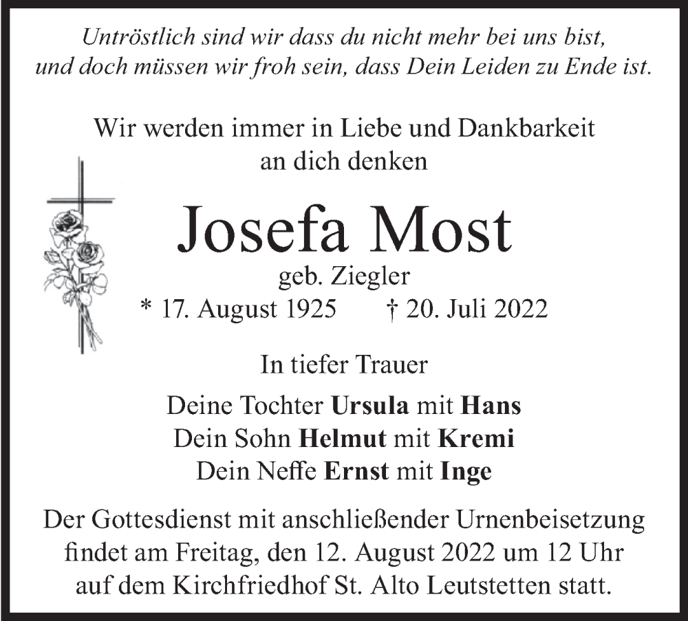  Traueranzeige für Josefa Most vom 30.07.2022 aus merkurtz