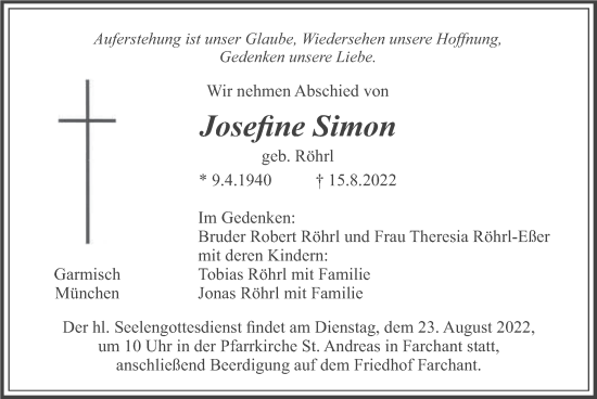 Traueranzeige von Josefine Simon von merkurtz