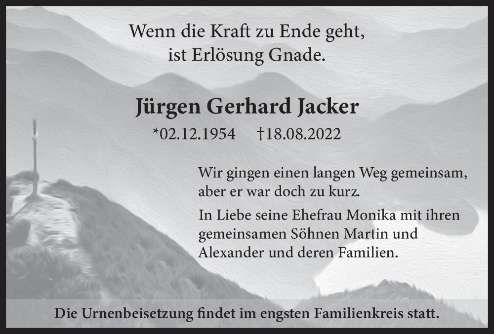  Traueranzeige für Jürgen Gerhard Jacker vom 22.08.2022 aus merkurtz